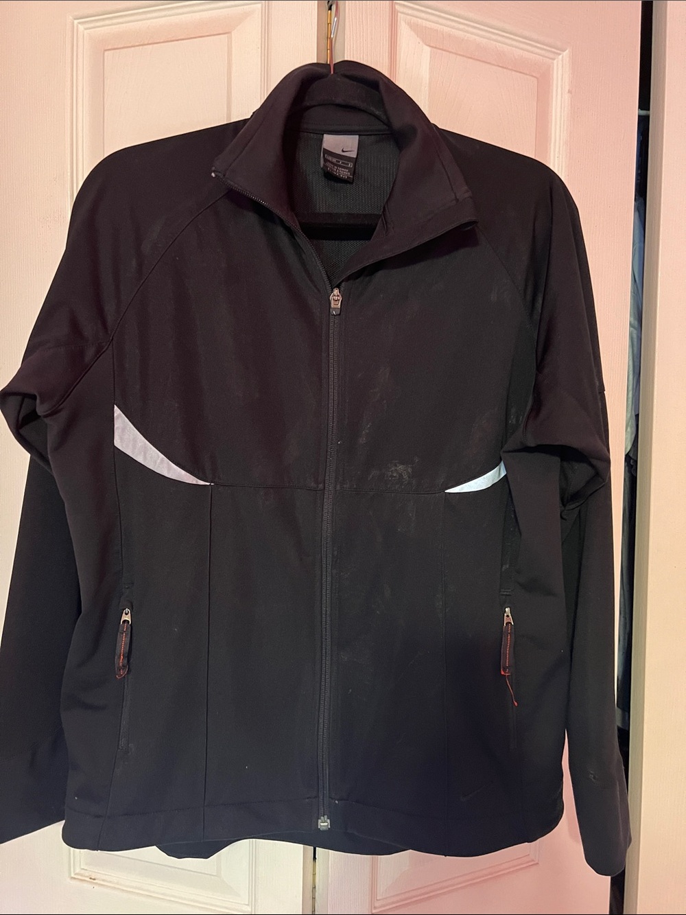 Nike Women’s Black Windbreaker Jacket Hoodie White Accent Panels Size Large